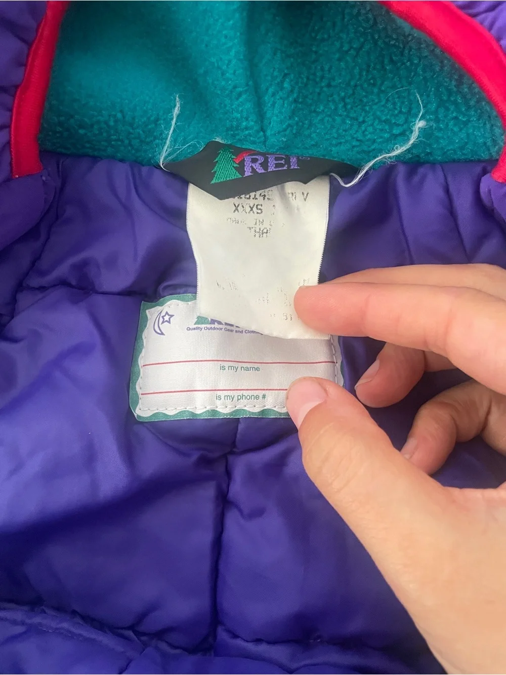 REI Purple Kids Hooded Snowsuit with Teal Lining and red Trim